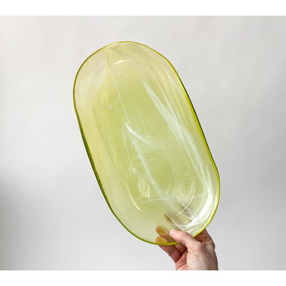 Lemon Lime Swirly Patterned Art Glass Oval Shaped Vintage Decorative Plate